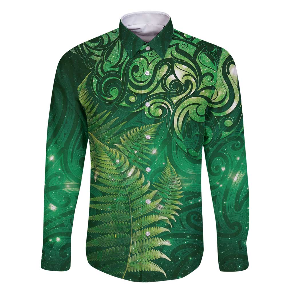Matariki New Zealand Maori Silver Fern Family Matching Tank Maxi Dress and Hawaiian Shirt Galaxy Green Sky Style LT03 Dad's Shirt - Long Sleeve Green - Polynesian Pride