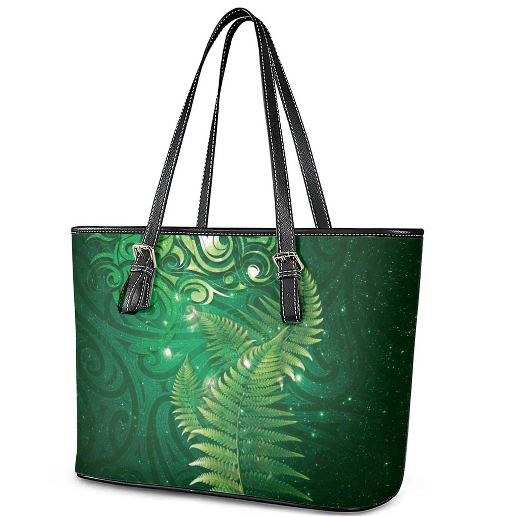 Matariki New Zealand Maori Silver Fern Leather Tote Bag Galaxy Green Sky Style
