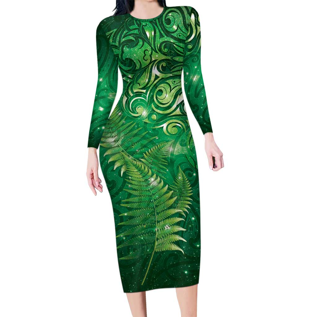 Matariki New Zealand Maori Silver Fern Long Sleeve Bodycon Dress Galaxy Green Sky Style LT03 Long Dress Green - Polynesian Pride