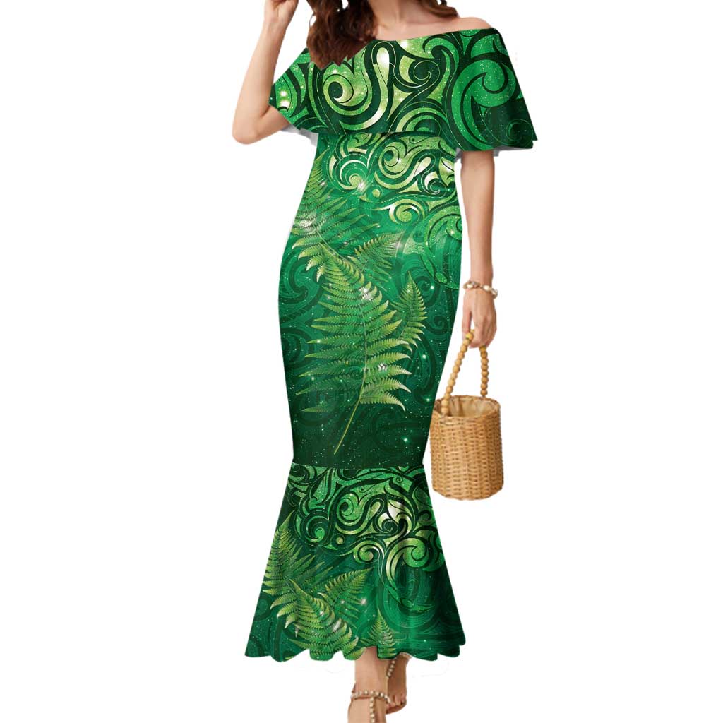 Matariki New Zealand Maori Silver Fern Mermaid Dress Galaxy Green Sky Style