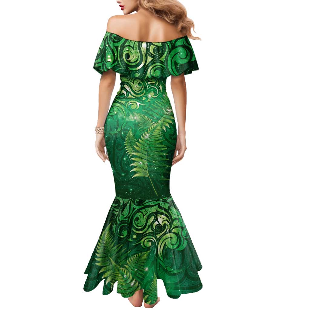 Matariki New Zealand Maori Silver Fern Mermaid Dress Galaxy Green Sky Style