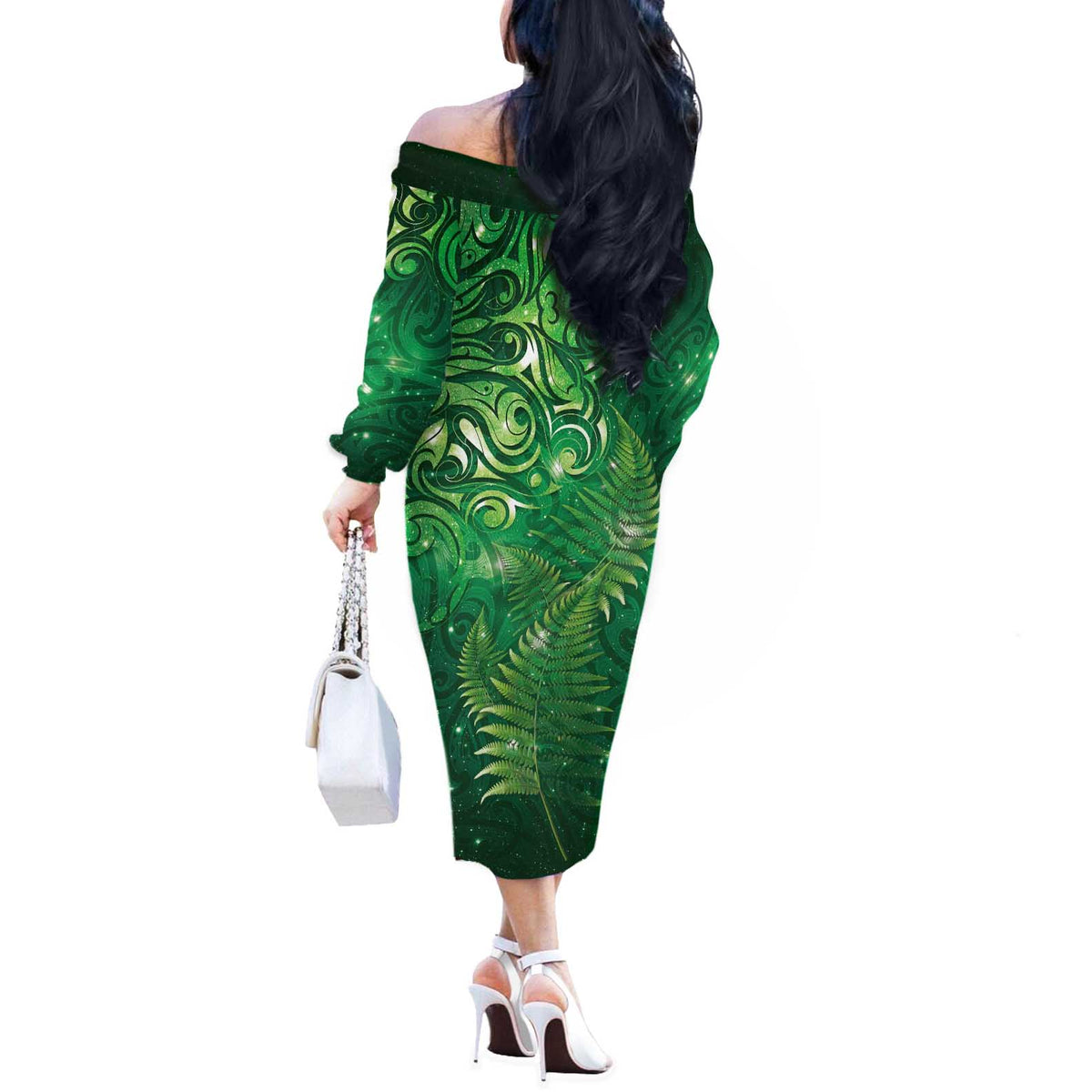 Matariki New Zealand Maori Silver Fern Off The Shoulder Long Sleeve Dress Galaxy Green Sky Style LT03 - Polynesian Pride