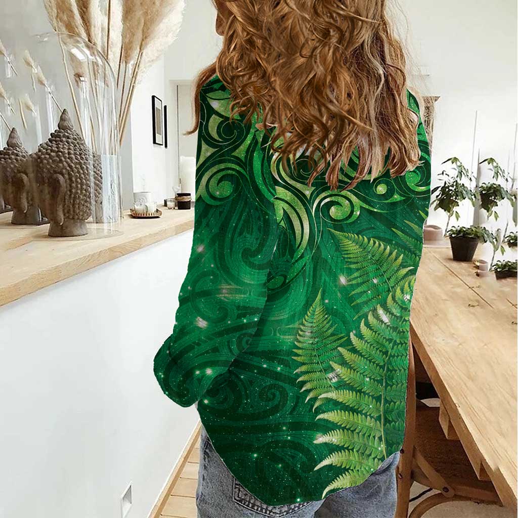 Matariki New Zealand Maori Silver Fern Women Casual Shirt Galaxy Green Sky Style LT03 - Polynesian Pride