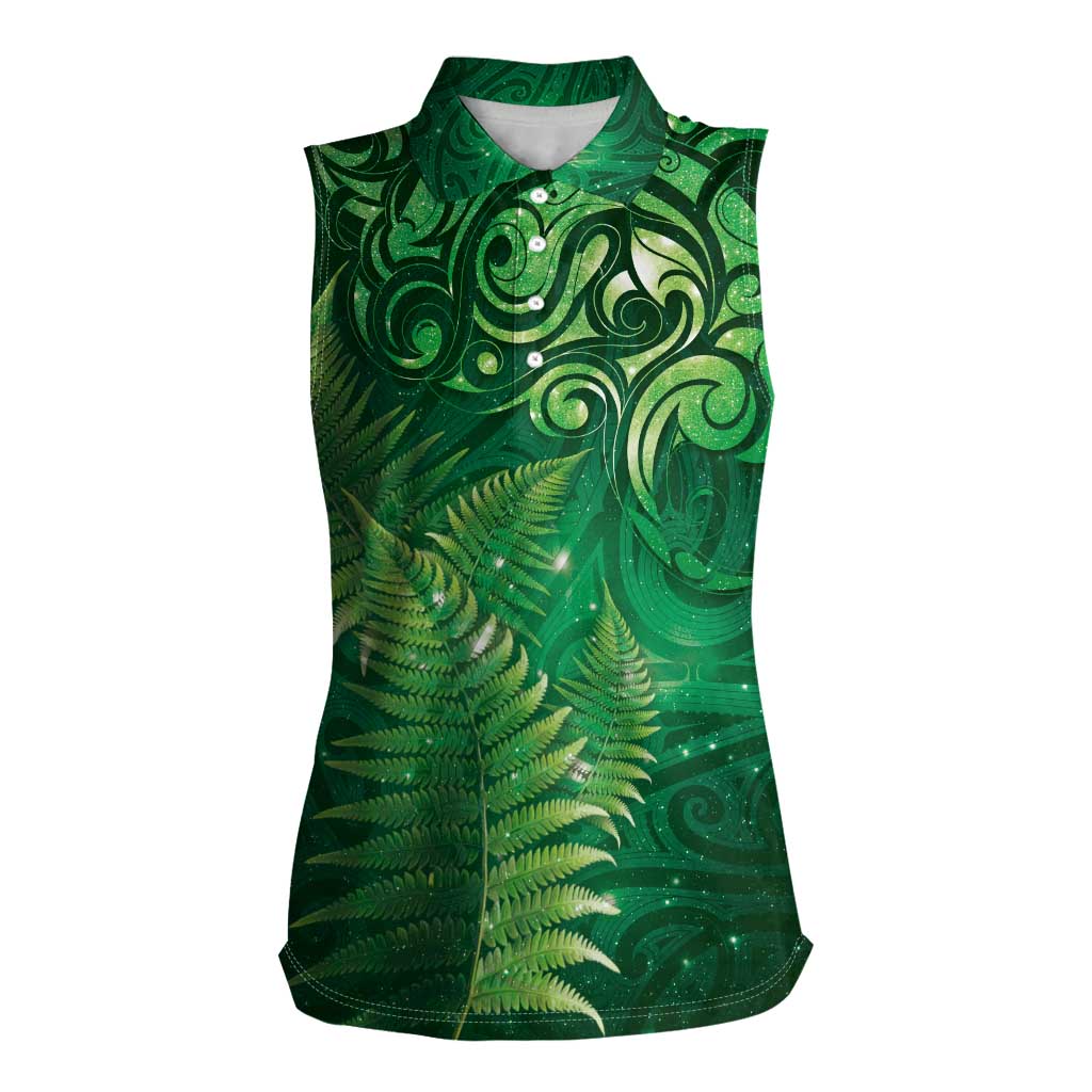 Matariki New Zealand Maori Silver Fern Women Sleeveless Polo Shirt Galaxy Green Sky Style LT03 Female Green - Polynesian Pride