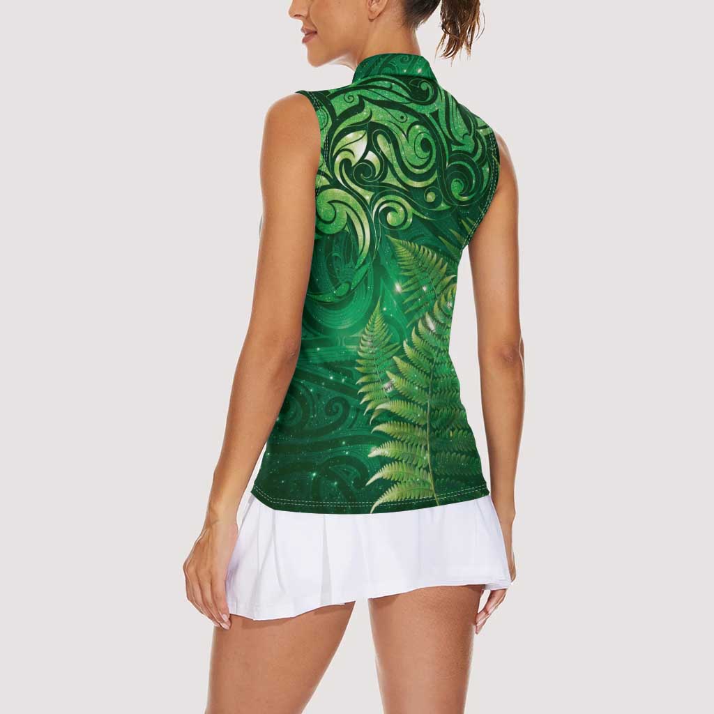 Matariki New Zealand Maori Silver Fern Women Sleeveless Polo Shirt Galaxy Green Sky Style LT03 - Polynesian Pride