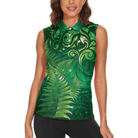 Matariki New Zealand Maori Silver Fern Women Sleeveless Polo Shirt Galaxy Green Sky Style LT03 - Polynesian Pride