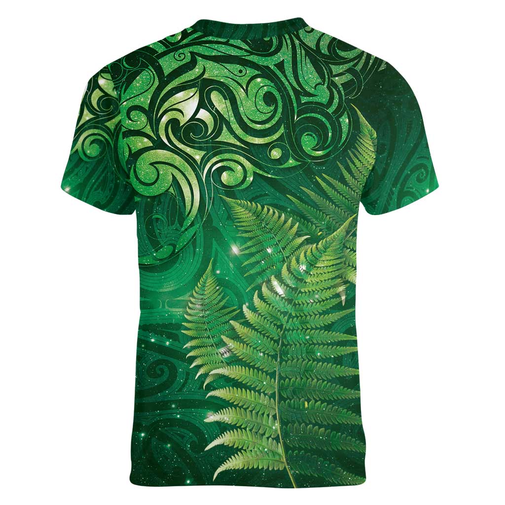 Matariki New Zealand Maori Silver Fern Women V-Neck T-Shirt Galaxy Green Sky Style LT03 - Polynesian Pride
