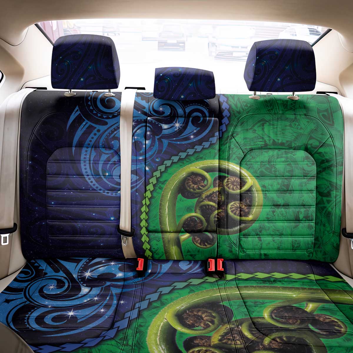 New Zealand Matariki Fern Frond Koru Back Car Seat Cover with Galaxy Blue Sky and Green Paua Shell Art LT03 - Polynesian Pride