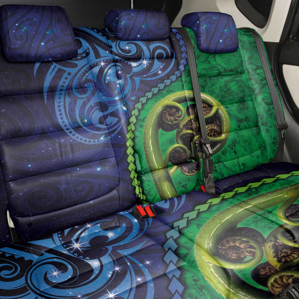 New Zealand Matariki Fern Frond Koru Back Car Seat Cover with Galaxy Blue Sky and Green Paua Shell Art LT03 - Polynesian Pride