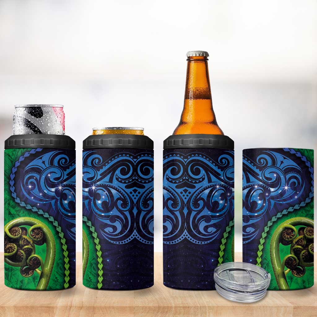 New Zealand Matariki Fern Frond Koru 4 in 1 Can Cooler Tumbler with Galaxy Blue Sky and Green Paua Shell Art LT03 - Polynesian Pride