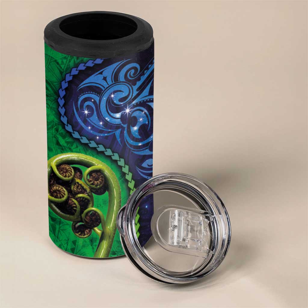 New Zealand Matariki Fern Frond Koru 4 in 1 Can Cooler Tumbler with Galaxy Blue Sky and Green Paua Shell Art LT03 - Polynesian Pride