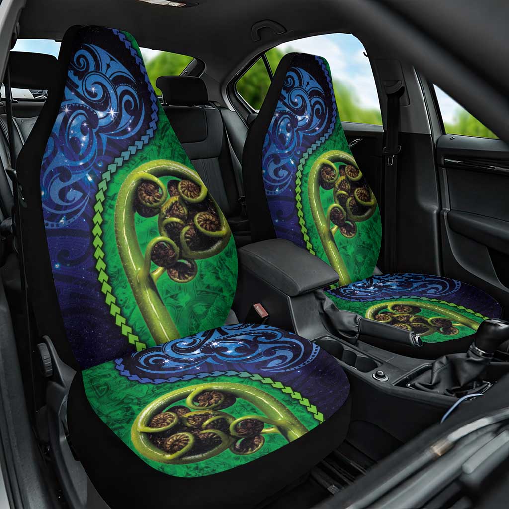 New Zealand Matariki Fern Frond Koru Car Seat Cover with Galaxy Blue Sky and Green Paua Shell Art
