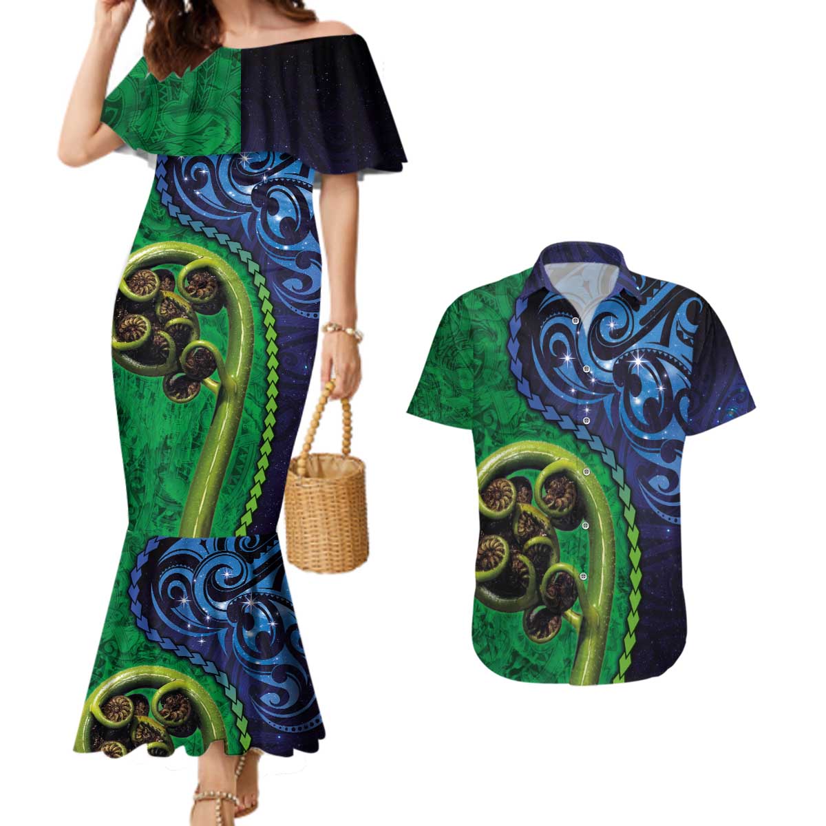 New Zealand Matariki Fern Frond Koru Couples Matching Mermaid Dress and Hawaiian Shirt with Galaxy Blue Sky and Green Paua Shell Art LT03 Blue - Polynesian Pride