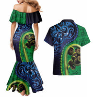 New Zealand Matariki Fern Frond Koru Couples Matching Mermaid Dress and Hawaiian Shirt with Galaxy Blue Sky and Green Paua Shell Art LT03 - Polynesian Pride