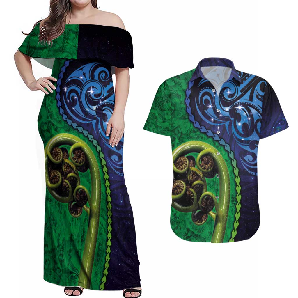 New Zealand Matariki Fern Frond Koru Couples Matching Off Shoulder Maxi Dress and Hawaiian Shirt with Galaxy Blue Sky and Green Paua Shell Art LT03 Blue - Polynesian Pride