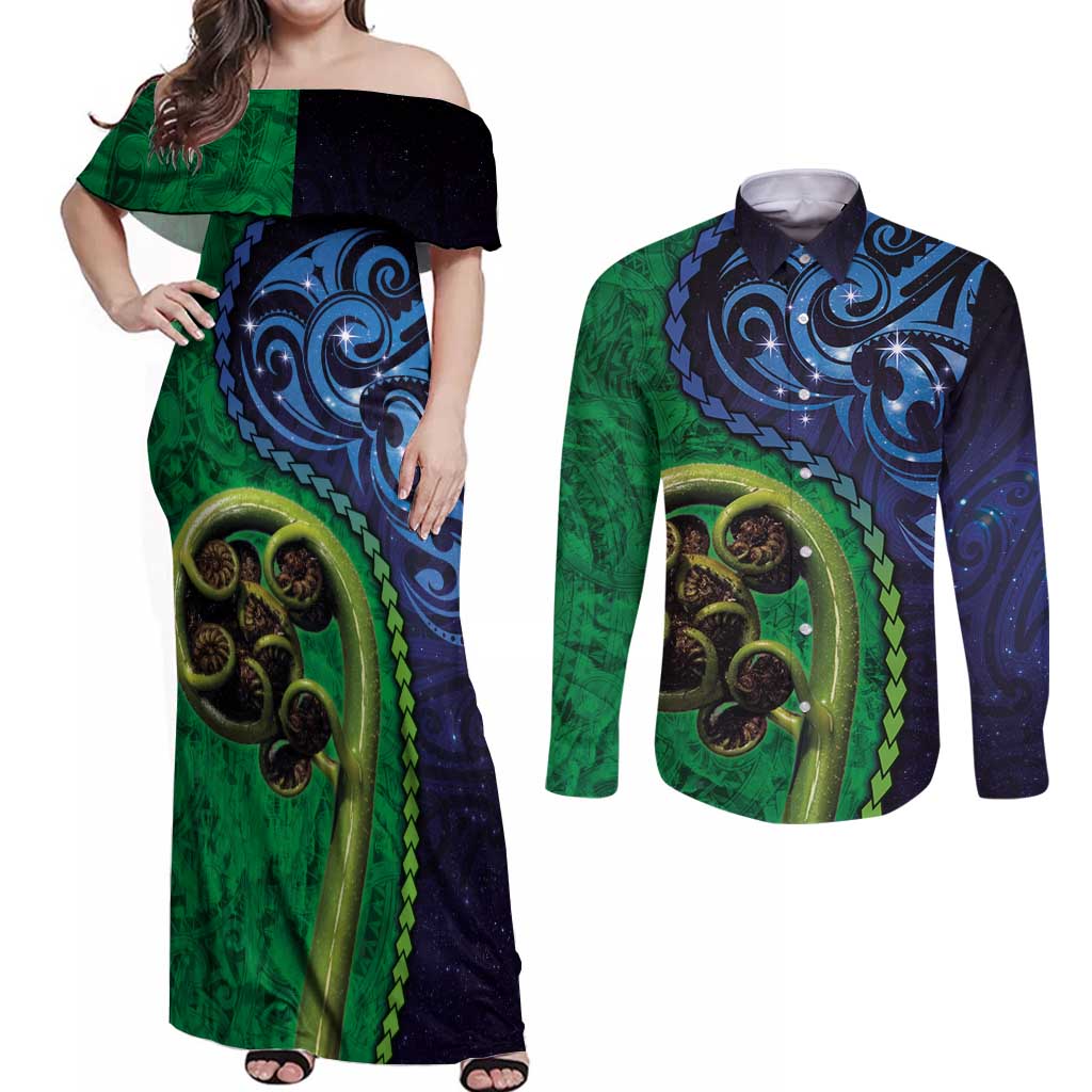 New Zealand Matariki Fern Frond Koru Couples Matching Off Shoulder Maxi Dress and Long Sleeve Button Shirt with Galaxy Blue Sky and Green Paua Shell Art LT03 Blue - Polynesian Pride
