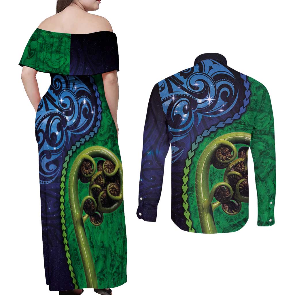 New Zealand Matariki Fern Frond Koru Couples Matching Off Shoulder Maxi Dress and Long Sleeve Button Shirt with Galaxy Blue Sky and Green Paua Shell Art LT03 - Polynesian Pride