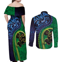 New Zealand Matariki Fern Frond Koru Couples Matching Off Shoulder Maxi Dress and Long Sleeve Button Shirt with Galaxy Blue Sky and Green Paua Shell Art LT03 - Polynesian Pride