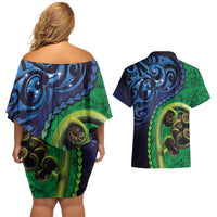 New Zealand Matariki Fern Frond Koru Couples Matching Off Shoulder Short Dress and Hawaiian Shirt with Galaxy Blue Sky and Green Paua Shell Art LT03 - Polynesian Pride