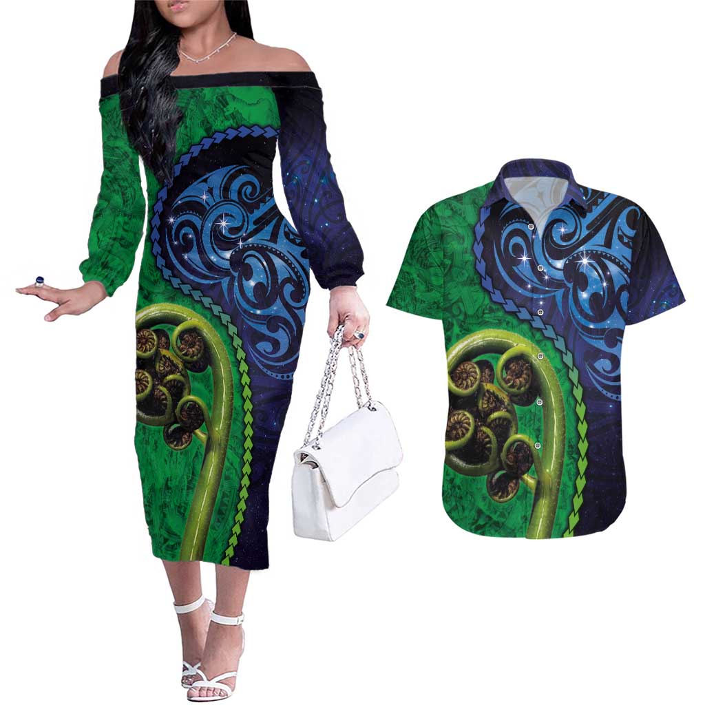 New Zealand Matariki Fern Frond Koru Couples Matching Off The Shoulder Long Sleeve Dress and Hawaiian Shirt with Galaxy Blue Sky and Green Paua Shell Art LT03 Blue - Polynesian Pride