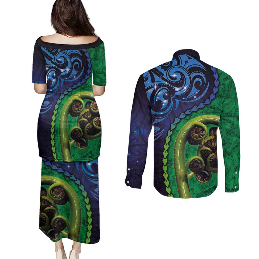New Zealand Matariki Fern Frond Koru Couples Matching Puletasi and Long Sleeve Button Shirt with Galaxy Blue Sky and Green Paua Shell Art LT03 - Polynesian Pride