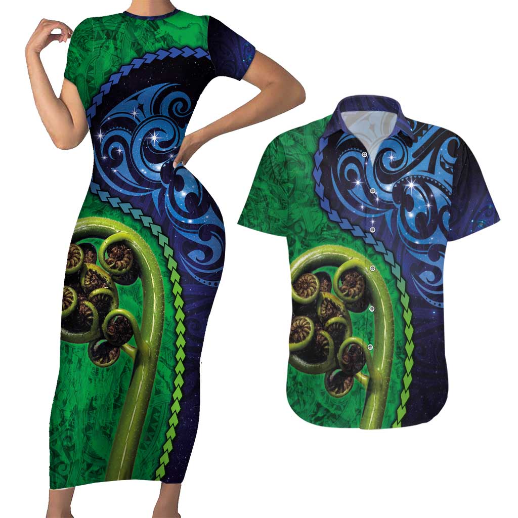 New Zealand Matariki Fern Frond Koru Couples Matching Short Sleeve Bodycon Dress and Hawaiian Shirt with Galaxy Blue Sky and Green Paua Shell Art LT03 Blue - Polynesian Pride