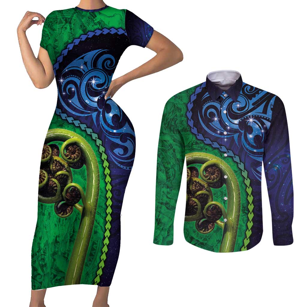 New Zealand Matariki Fern Frond Koru Couples Matching Short Sleeve Bodycon Dress and Long Sleeve Button Shirt with Galaxy Blue Sky and Green Paua Shell Art LT03 Blue - Polynesian Pride