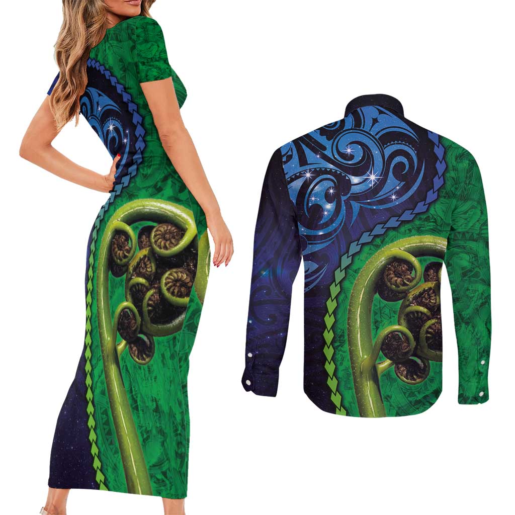 New Zealand Matariki Fern Frond Koru Couples Matching Short Sleeve Bodycon Dress and Long Sleeve Button Shirt with Galaxy Blue Sky and Green Paua Shell Art LT03 - Polynesian Pride