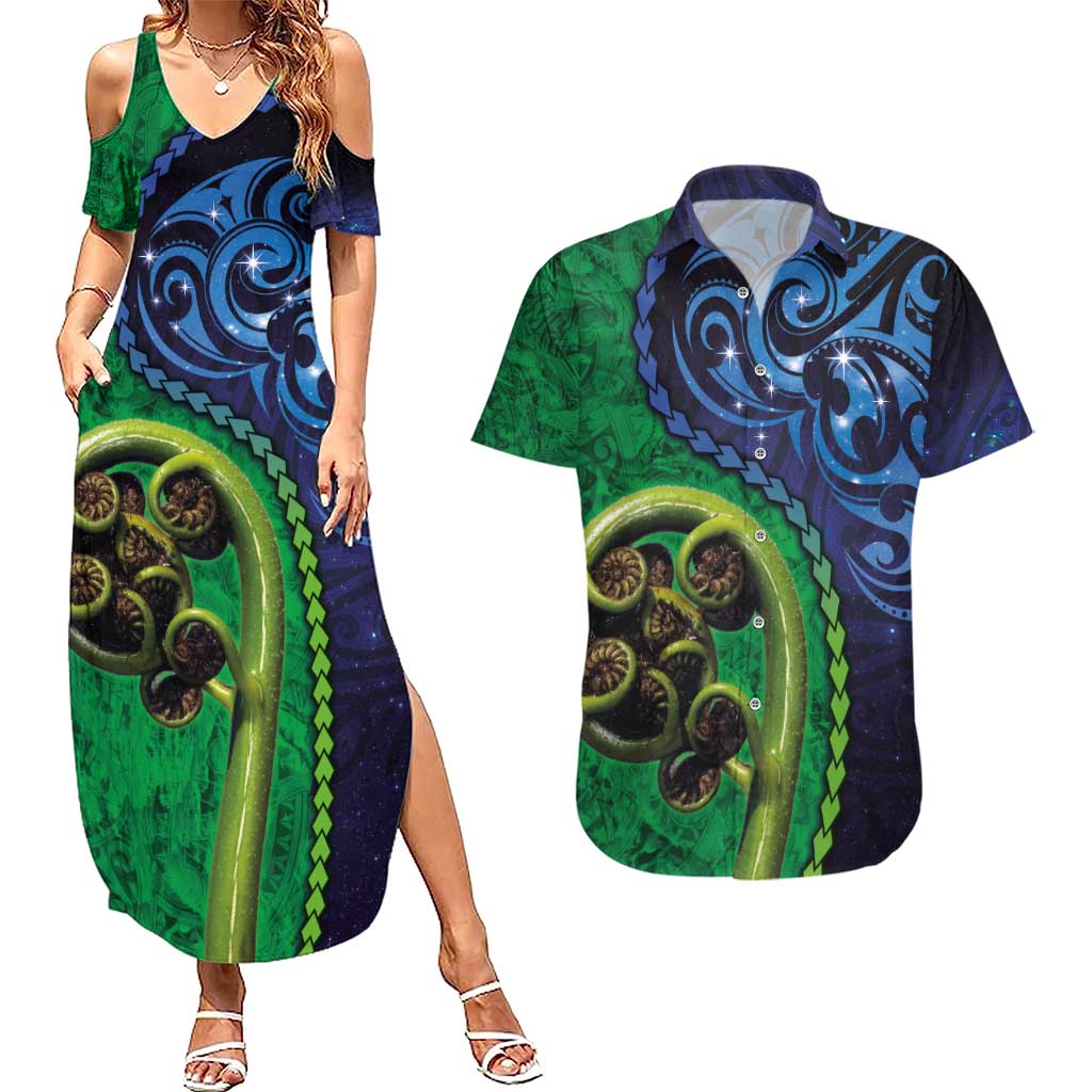 New Zealand Matariki Fern Frond Koru Couples Matching Summer Maxi Dress and Hawaiian Shirt with Galaxy Blue Sky and Green Paua Shell Art LT03 Blue - Polynesian Pride