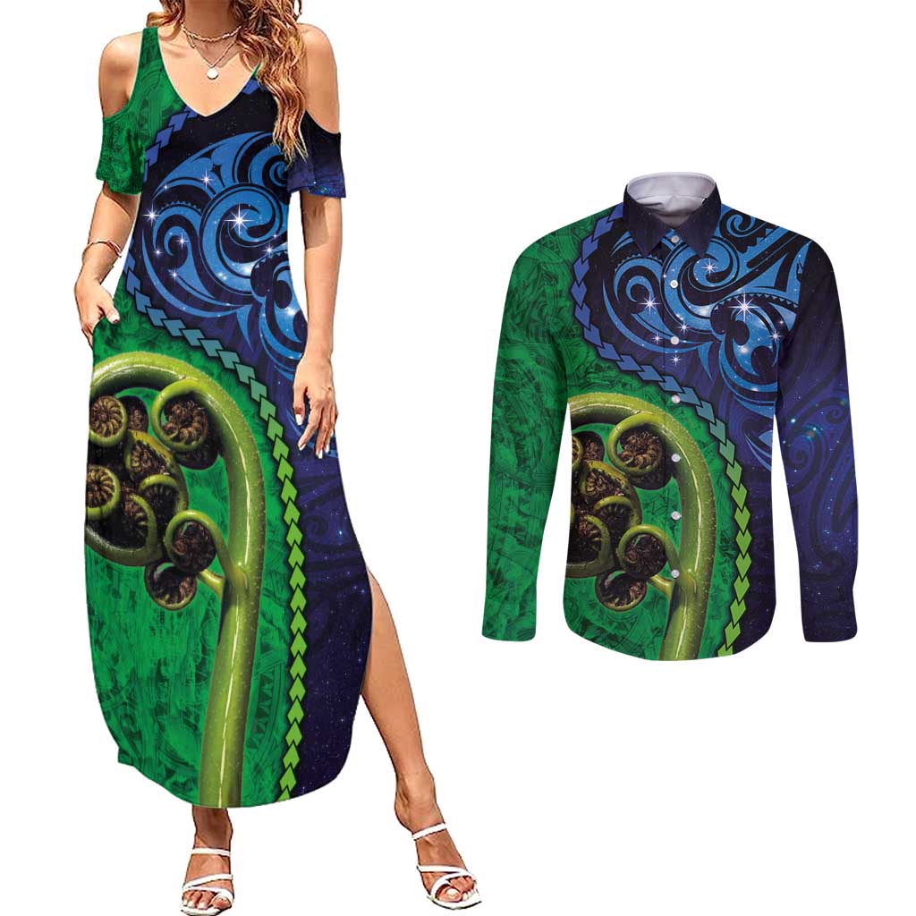 New Zealand Matariki Fern Frond Koru Couples Matching Summer Maxi Dress and Long Sleeve Button Shirt with Galaxy Blue Sky and Green Paua Shell Art LT03 Blue - Polynesian Pride