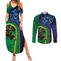 New Zealand Matariki Fern Frond Koru Couples Matching Summer Maxi Dress and Long Sleeve Button Shirt with Galaxy Blue Sky and Green Paua Shell Art LT03 Blue - Polynesian Pride