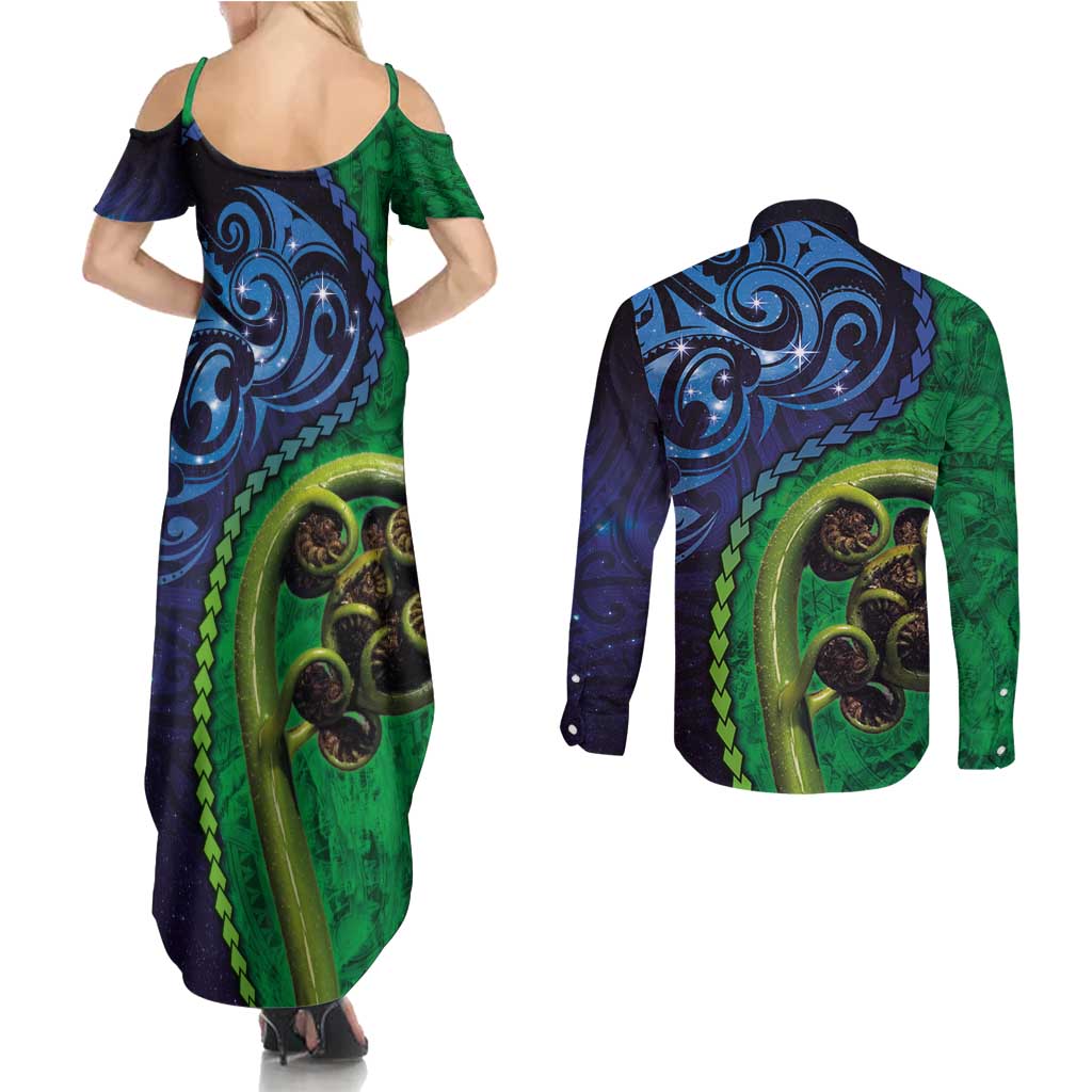 New Zealand Matariki Fern Frond Koru Couples Matching Summer Maxi Dress and Long Sleeve Button Shirt with Galaxy Blue Sky and Green Paua Shell Art LT03 - Polynesian Pride