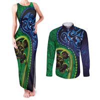 New Zealand Matariki Fern Frond Koru Couples Matching Tank Maxi Dress and Long Sleeve Button Shirt with Galaxy Blue Sky and Green Paua Shell Art LT03 Blue - Polynesian Pride