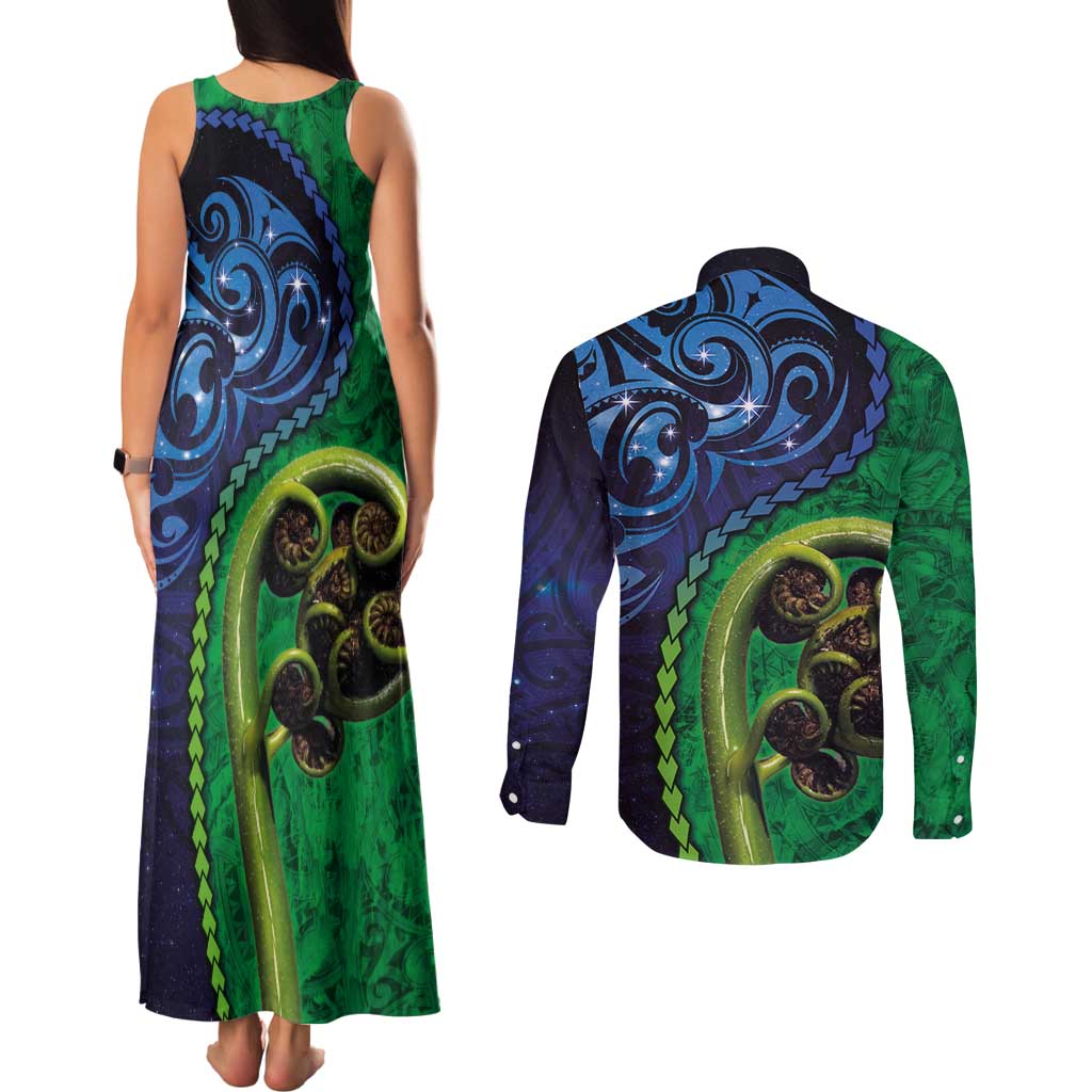 New Zealand Matariki Fern Frond Koru Couples Matching Tank Maxi Dress and Long Sleeve Button Shirt with Galaxy Blue Sky and Green Paua Shell Art LT03 - Polynesian Pride