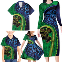 New Zealand Matariki Fern Frond Koru Family Matching Long Sleeve Bodycon Dress and Hawaiian Shirt with Galaxy Blue Sky and Green Paua Shell Art LT03 - Polynesian Pride
