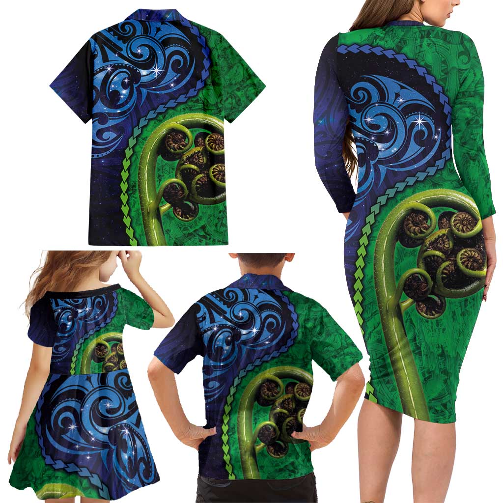 New Zealand Matariki Fern Frond Koru Family Matching Long Sleeve Bodycon Dress and Hawaiian Shirt with Galaxy Blue Sky and Green Paua Shell Art LT03 - Polynesian Pride