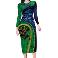 New Zealand Matariki Fern Frond Koru Family Matching Long Sleeve Bodycon Dress and Hawaiian Shirt with Galaxy Blue Sky and Green Paua Shell Art LT03 Mom's Dress Blue - Polynesian Pride