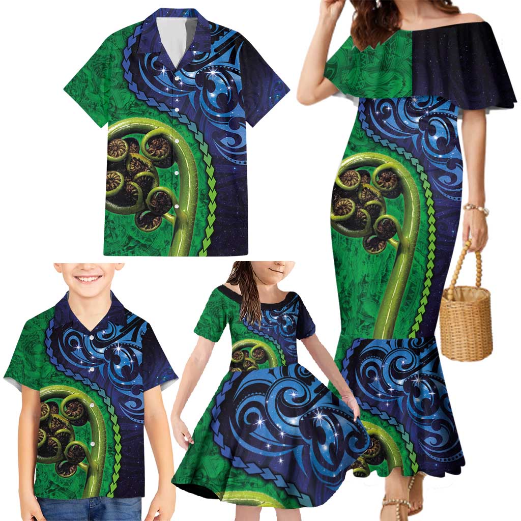 New Zealand Matariki Fern Frond Koru Family Matching Mermaid Dress and Hawaiian Shirt with Galaxy Blue Sky and Green Paua Shell Art LT03 - Polynesian Pride