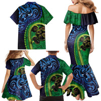 New Zealand Matariki Fern Frond Koru Family Matching Mermaid Dress and Hawaiian Shirt with Galaxy Blue Sky and Green Paua Shell Art LT03 - Polynesian Pride