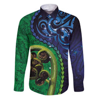 New Zealand Matariki Fern Frond Koru Family Matching Mermaid Dress and Hawaiian Shirt with Galaxy Blue Sky and Green Paua Shell Art LT03 Dad's Shirt - Long Sleeve Blue - Polynesian Pride