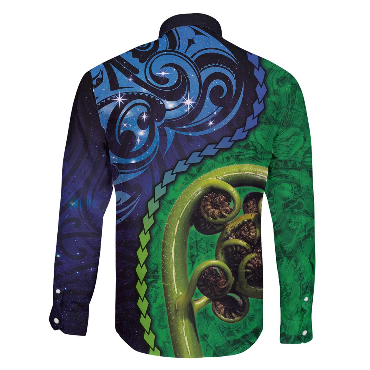 New Zealand Matariki Fern Frond Koru Family Matching Off The Shoulder Long Sleeve Dress and Hawaiian Shirt with Galaxy Blue Sky and Green Paua Shell Art LT03 - Polynesian Pride