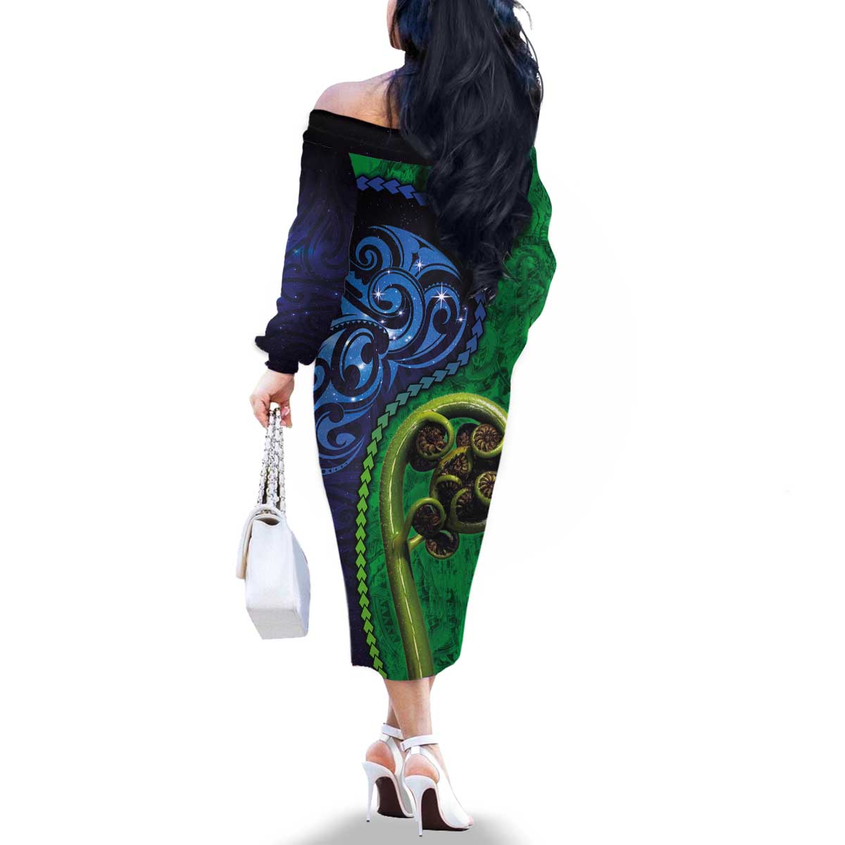 New Zealand Matariki Fern Frond Koru Family Matching Off The Shoulder Long Sleeve Dress and Hawaiian Shirt with Galaxy Blue Sky and Green Paua Shell Art LT03 - Polynesian Pride