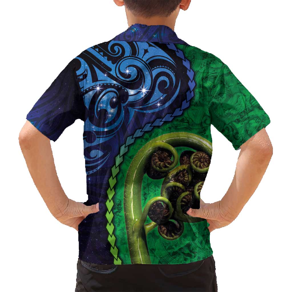 New Zealand Matariki Fern Frond Koru Family Matching Off Shoulder Maxi Dress and Hawaiian Shirt with Galaxy Blue Sky and Green Paua Shell Art LT03 - Polynesian Pride