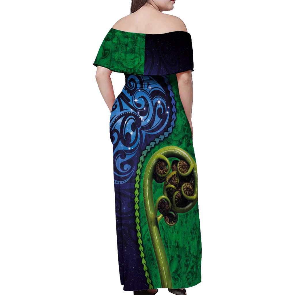 New Zealand Matariki Fern Frond Koru Family Matching Off Shoulder Maxi Dress and Hawaiian Shirt with Galaxy Blue Sky and Green Paua Shell Art LT03 - Polynesian Pride