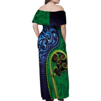 New Zealand Matariki Fern Frond Koru Family Matching Off Shoulder Maxi Dress and Hawaiian Shirt with Galaxy Blue Sky and Green Paua Shell Art LT03 - Polynesian Pride