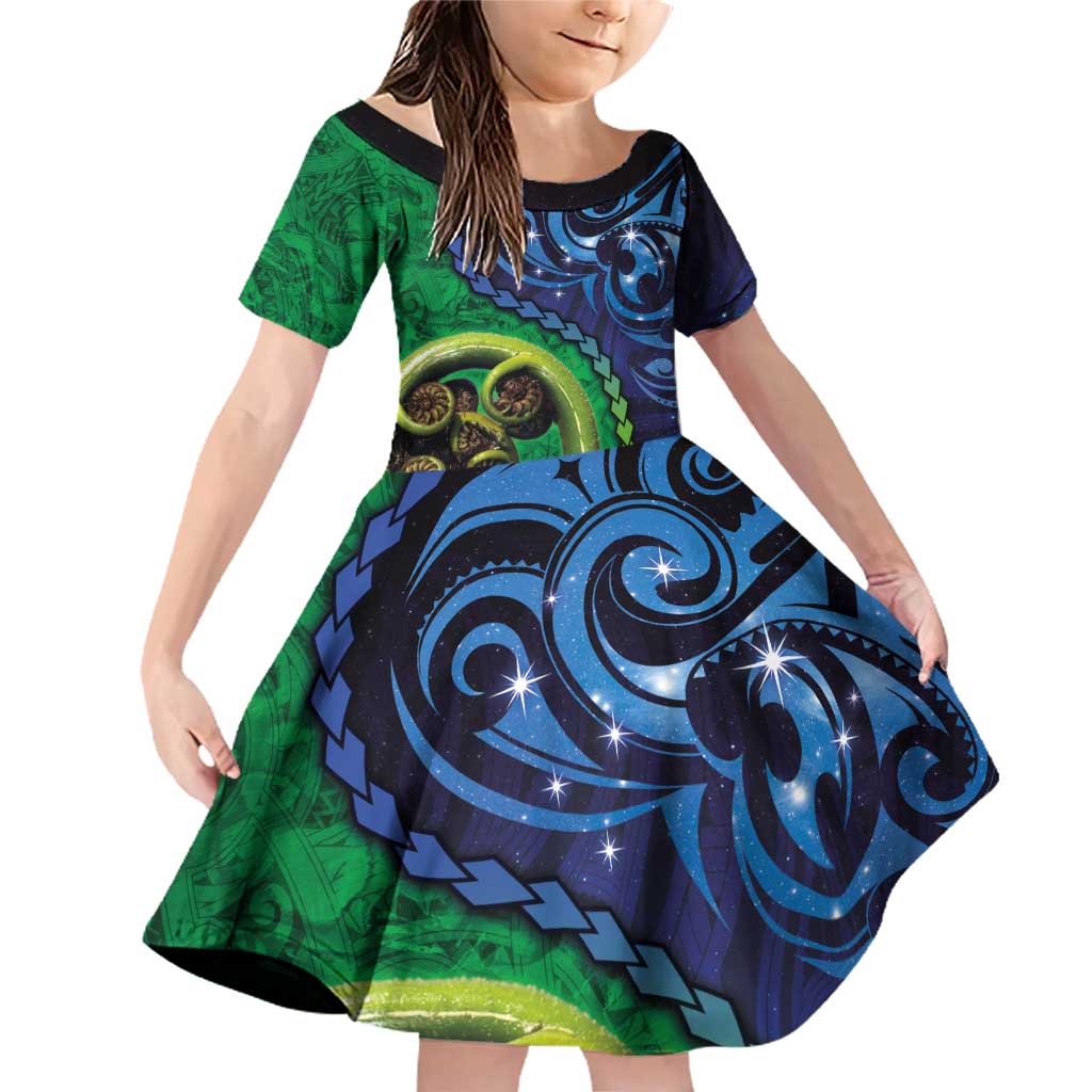 New Zealand Matariki Fern Frond Koru Family Matching Off Shoulder Short Dress and Hawaiian Shirt with Galaxy Blue Sky and Green Paua Shell Art LT03 Daughter's Dress Blue - Polynesian Pride