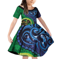New Zealand Matariki Fern Frond Koru Family Matching Off Shoulder Short Dress and Hawaiian Shirt with Galaxy Blue Sky and Green Paua Shell Art LT03 Daughter's Dress Blue - Polynesian Pride