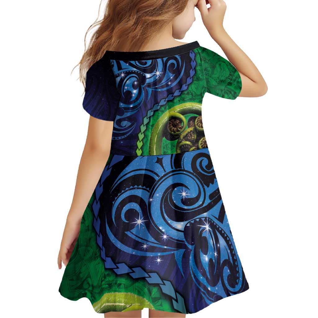 New Zealand Matariki Fern Frond Koru Family Matching Off Shoulder Short Dress and Hawaiian Shirt with Galaxy Blue Sky and Green Paua Shell Art LT03 - Polynesian Pride