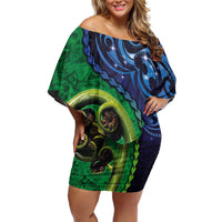 New Zealand Matariki Fern Frond Koru Family Matching Off Shoulder Short Dress and Hawaiian Shirt with Galaxy Blue Sky and Green Paua Shell Art LT03 Mom's Dress Blue - Polynesian Pride