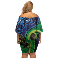 New Zealand Matariki Fern Frond Koru Family Matching Off Shoulder Short Dress and Hawaiian Shirt with Galaxy Blue Sky and Green Paua Shell Art LT03 - Polynesian Pride